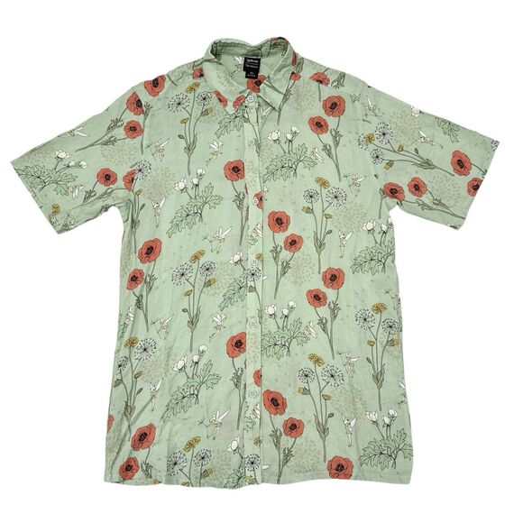 Disney Our Universe Tinker Bell Shirt Womens Size XS Green Floral Button‎ Front - Picture 1 of 10